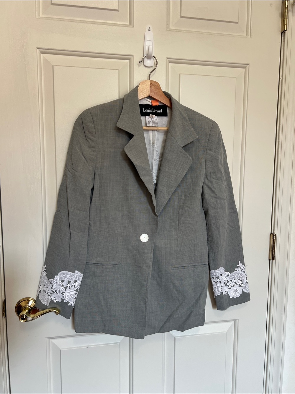 Louis Feraud Gray Blazer with White Lace Trim